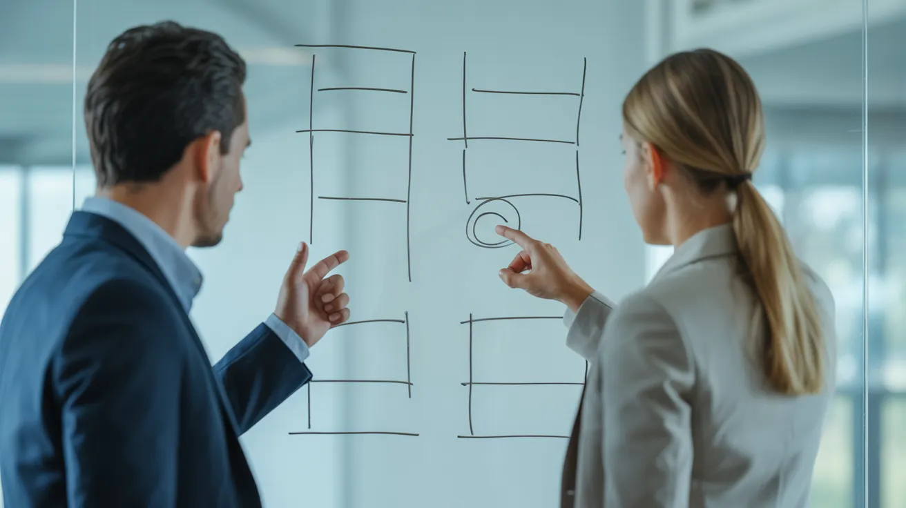 Two diverse professionals in a contemporary office collaborate at a whiteboard, focusing on one small, circled element within a larger, complex drawin