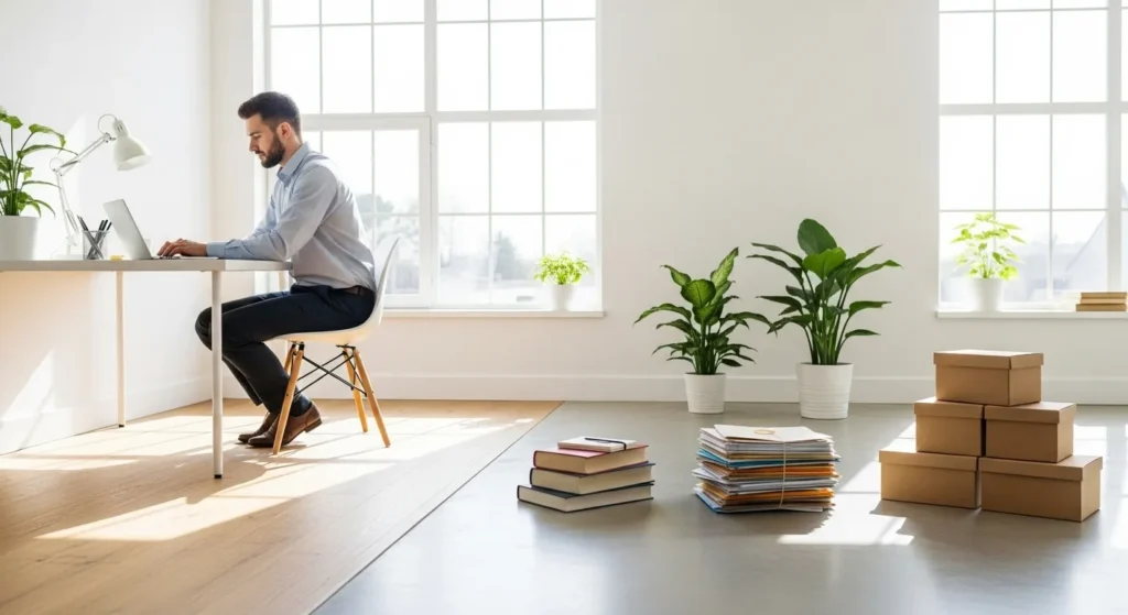 A person at a desk in a spacious home office. In the foreground, separate, organized stacks of books and mail illustrate the concept of batching tasks