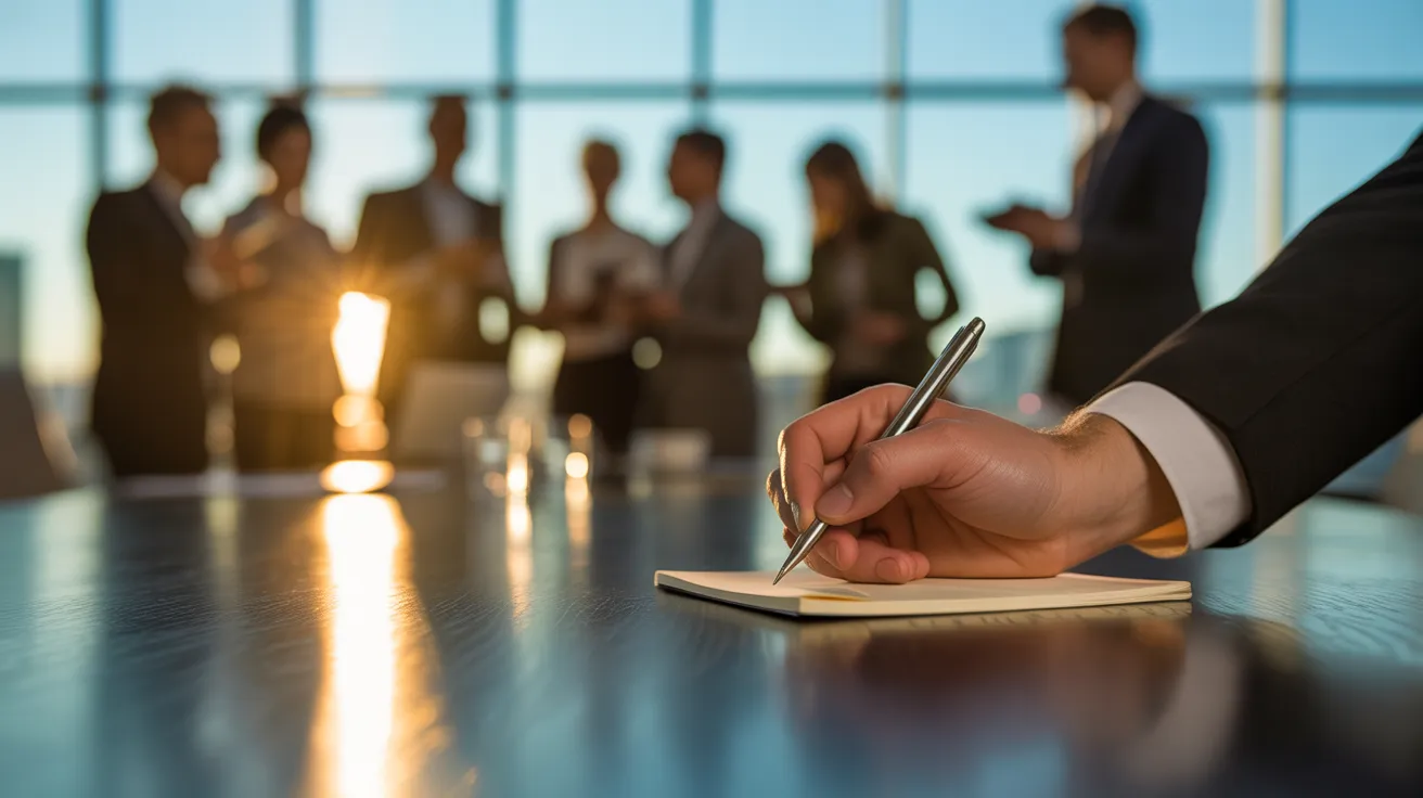 A close-up of a hand writing on a notepad during a meeting, with the team blurred in the background as warm sunset light shines in.