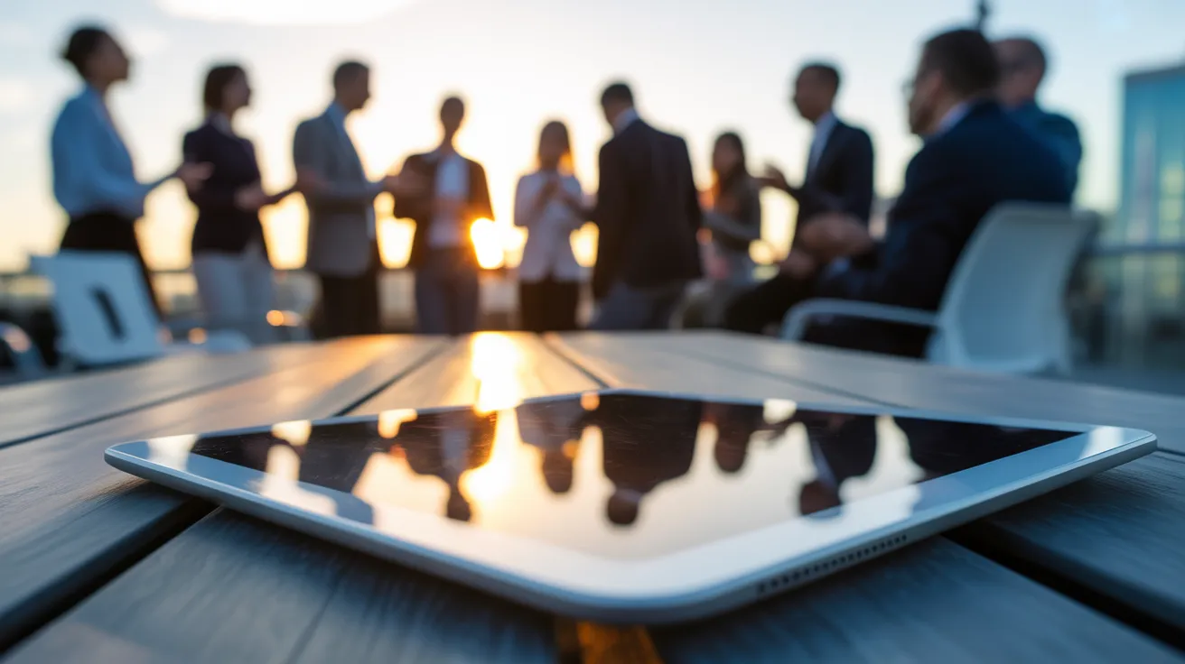 A close-up of a tablet on a table reflecting a golden hour sunset, with a blurred team of professionals meeting in the background.
