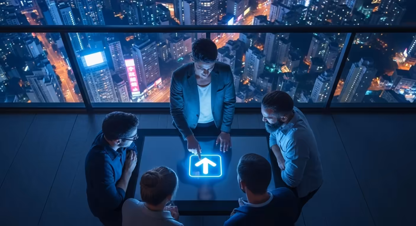 Overhead view of a business team starting a meeting at night, their faces lit by a glowing icon on a table and surrounding neon city lights.