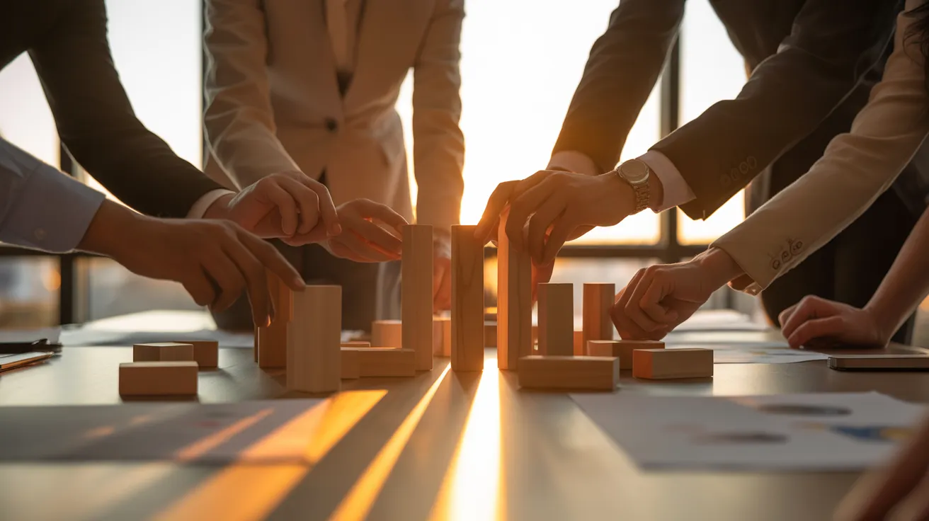 A close-up of diverse hands building an orderly structure with wooden blocks on a meeting table, illuminated by warm, late-afternoon sun.