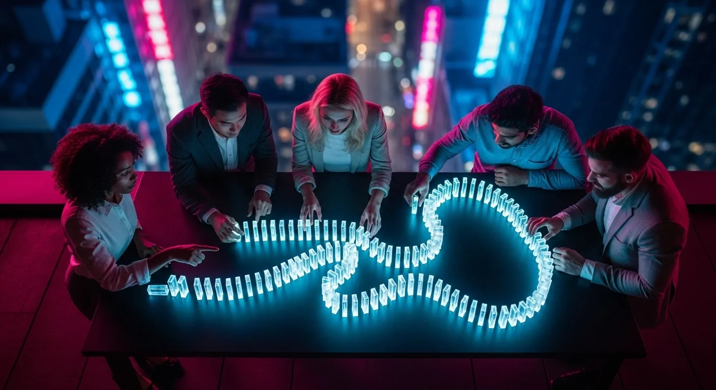 A team of professionals seen from directly above, arranging a glowing domino chain on a table on a city rooftop under neon lights at night.