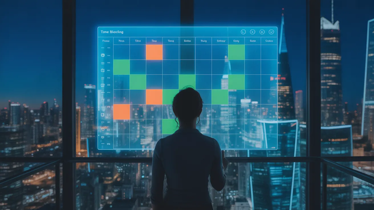 A person in a dark office at night views a glowing digital calendar, with the neon lights of the city outside reflecting the calendar's colors.