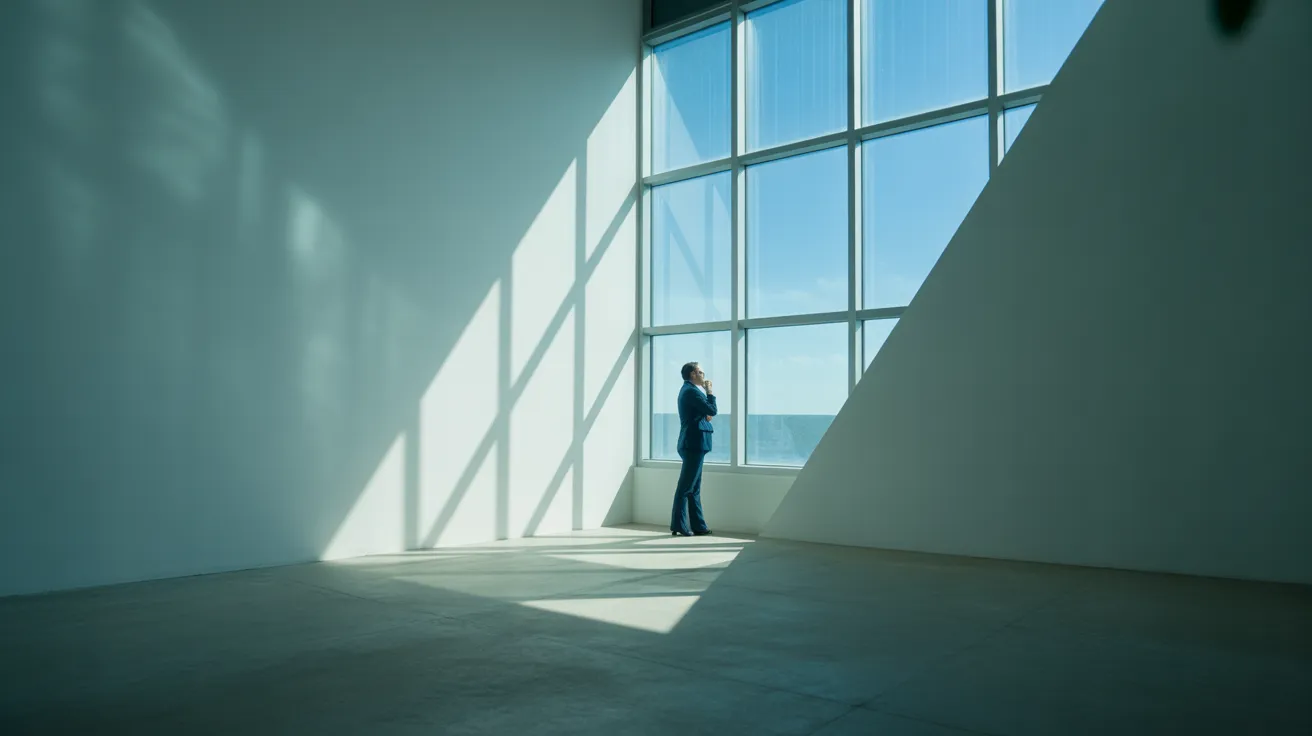 A person stands in a stark sunbeam crossing a modern office during a break, the light creating a clear path in the otherwise shadowy room.