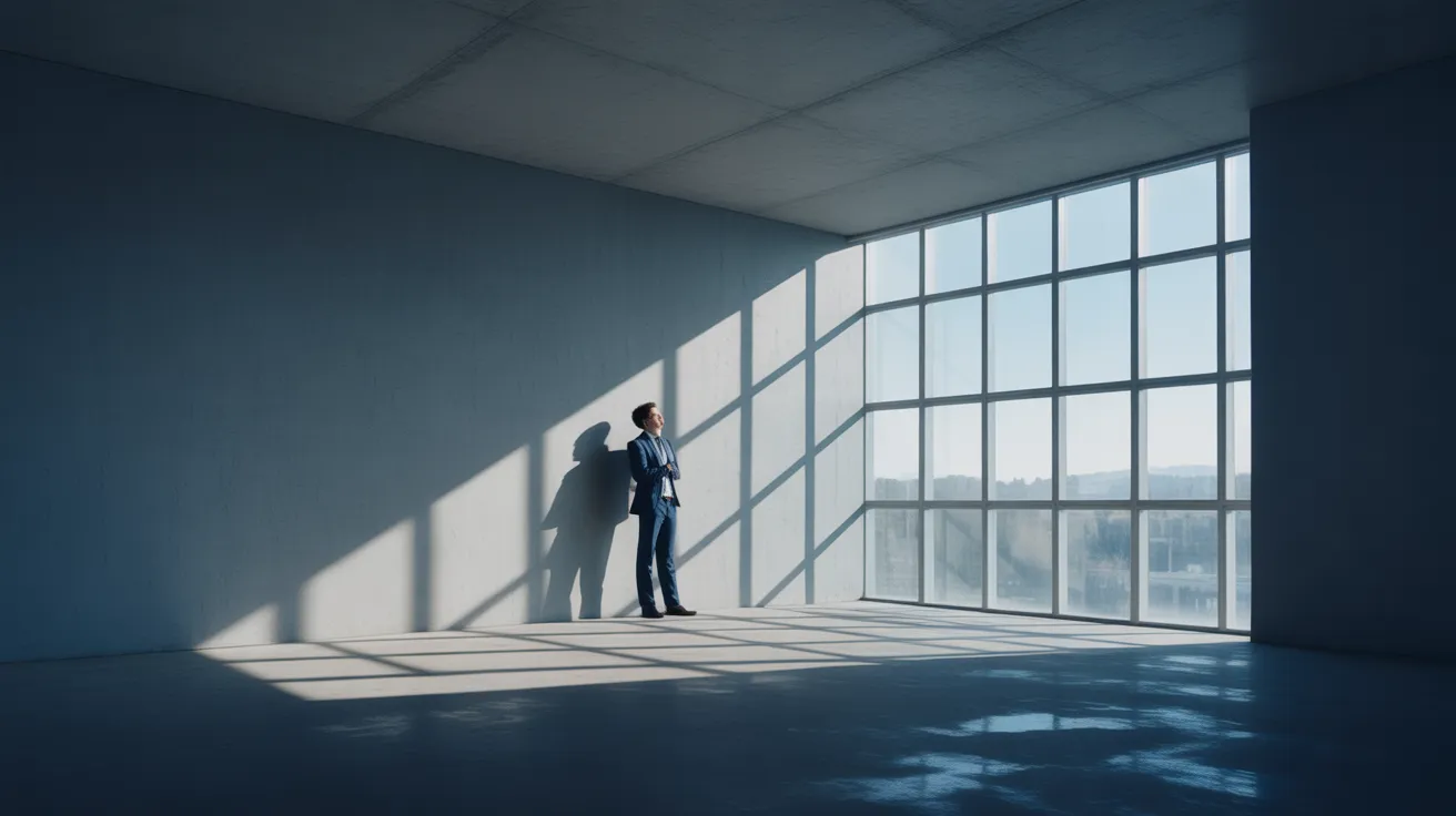A person stands inside a stark block of shadow cast by a window in a minimalist office, symbolizing a protected period for deep work.