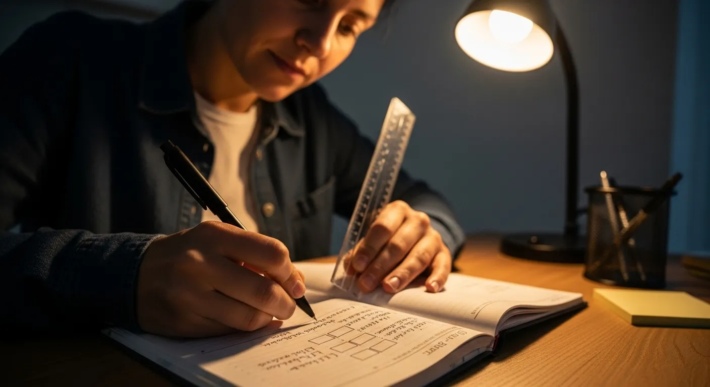 A person's hands use a ruler and pen to draw blocks in a planner, illuminated by the warm, soft light of a desk lamp at night.