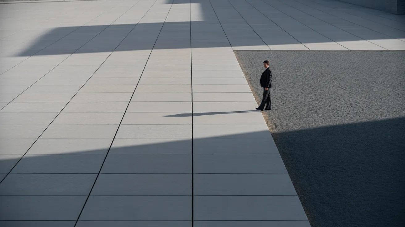 A person stands beside a clear concrete path in a large plaza, pausing to look back at the path under a bright, sunny sky.