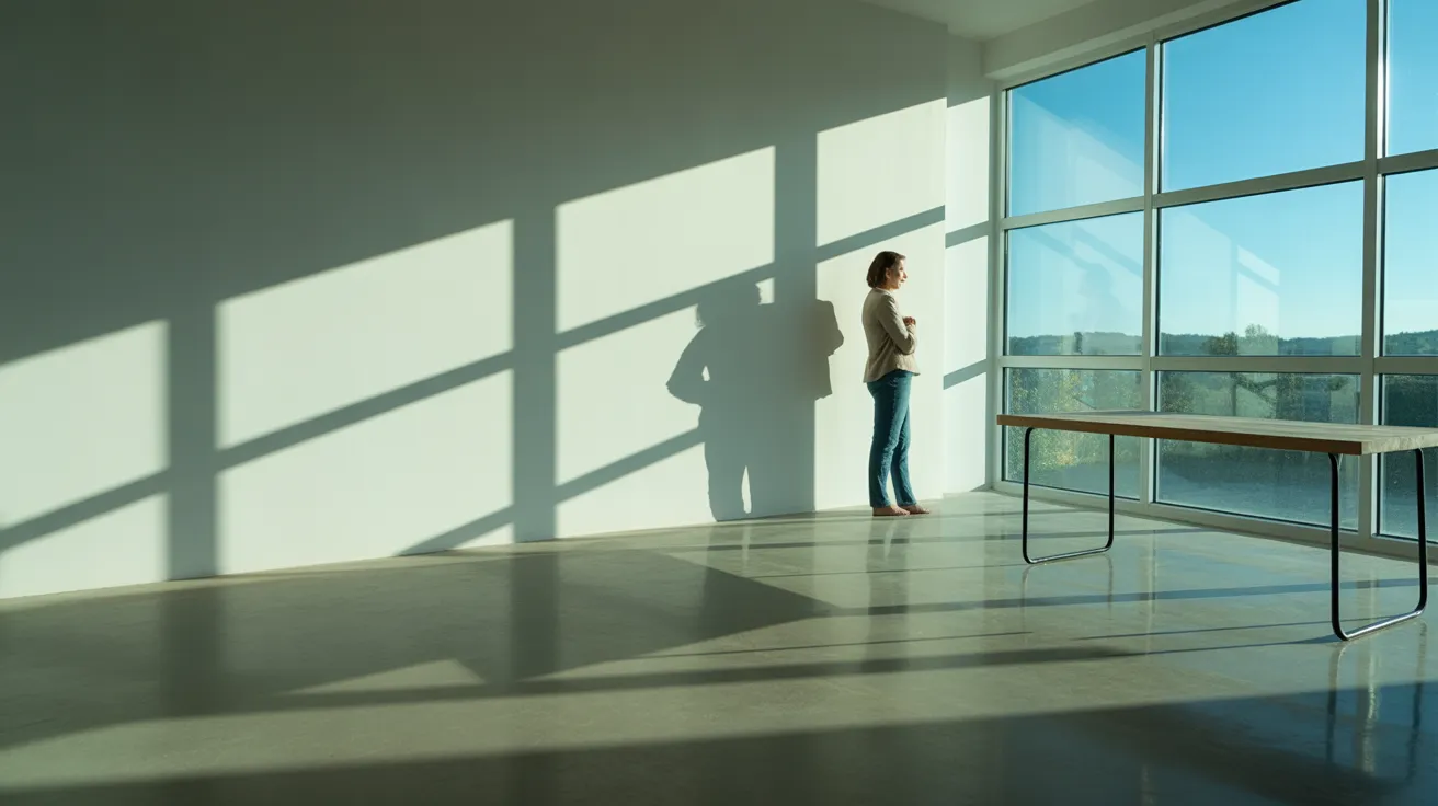 An ultra-wide view of a minimalist office with a person looking out a window. Harsh sunlight creates strong shadows on the floor and desk.