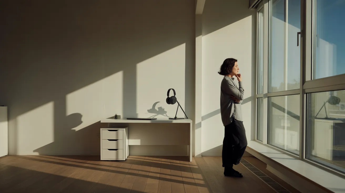 A spacious home office with a person looking out a sunny window. A desk with headphones sits in the background, and strong shadows cross the floor.