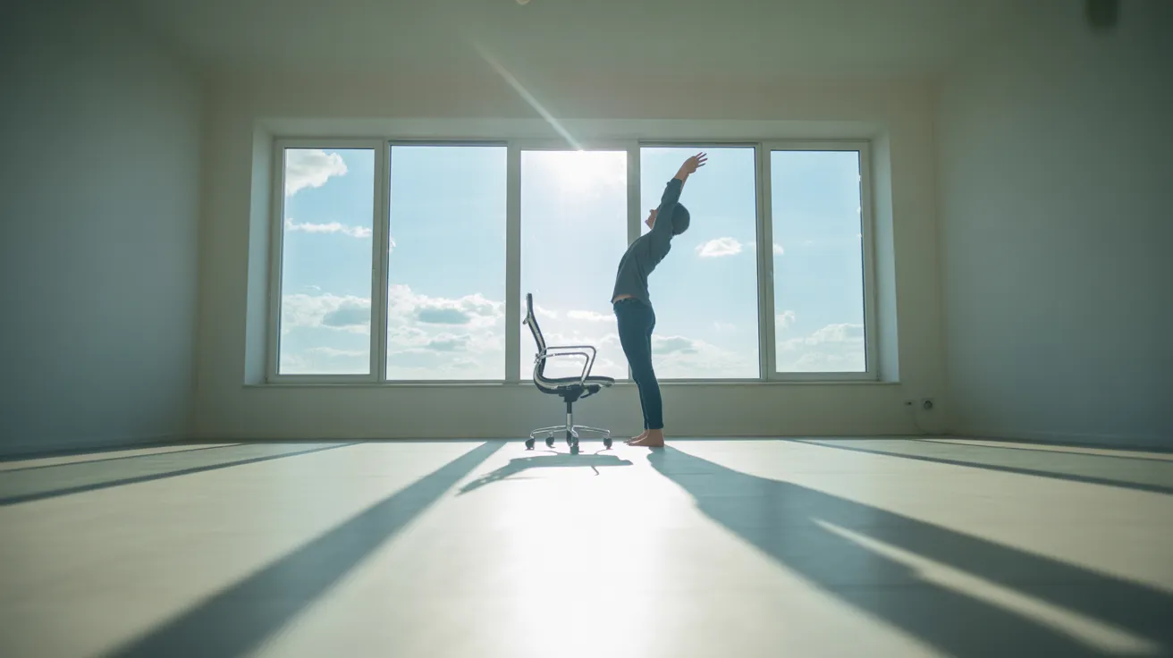 A spacious, sunlit office where a person takes a break by a window. Strong shadows from the harsh sun create a path of light on the floor.