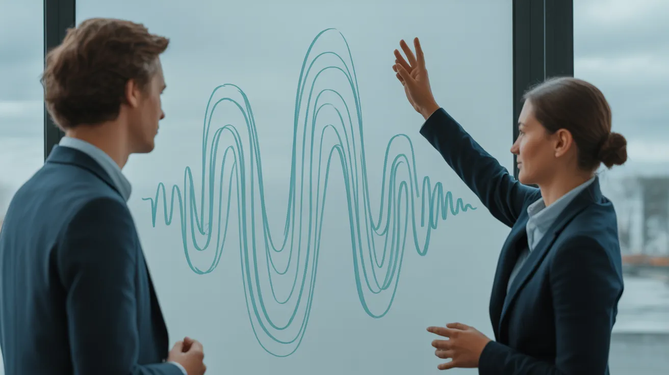 Two colleagues in a bright office discuss a wave-like diagram on a whiteboard, representing the concept of natural energy rhythms.