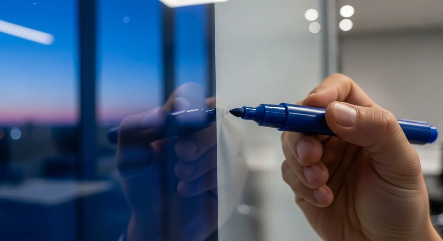 A macro photograph of a hand holding a marker, making the first mark on a glass whiteboard at dusk. The blue evening sky is reflected in the glass.