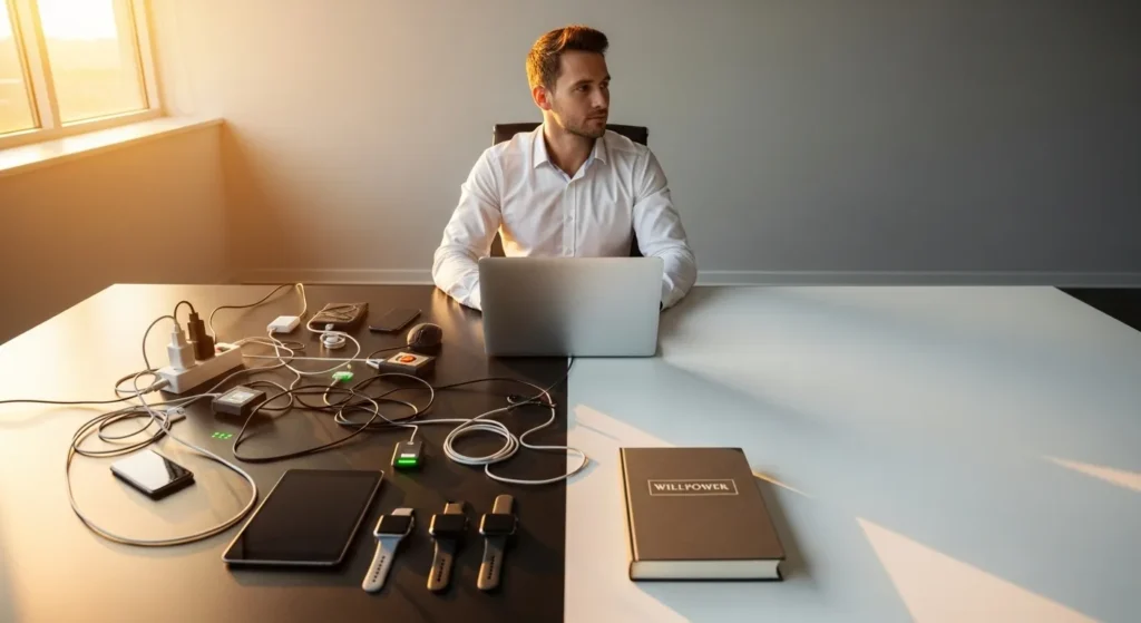 A person at a home office desk. One side of the desk is cluttered with electronics and chargers, while the other side is clear except for a book.