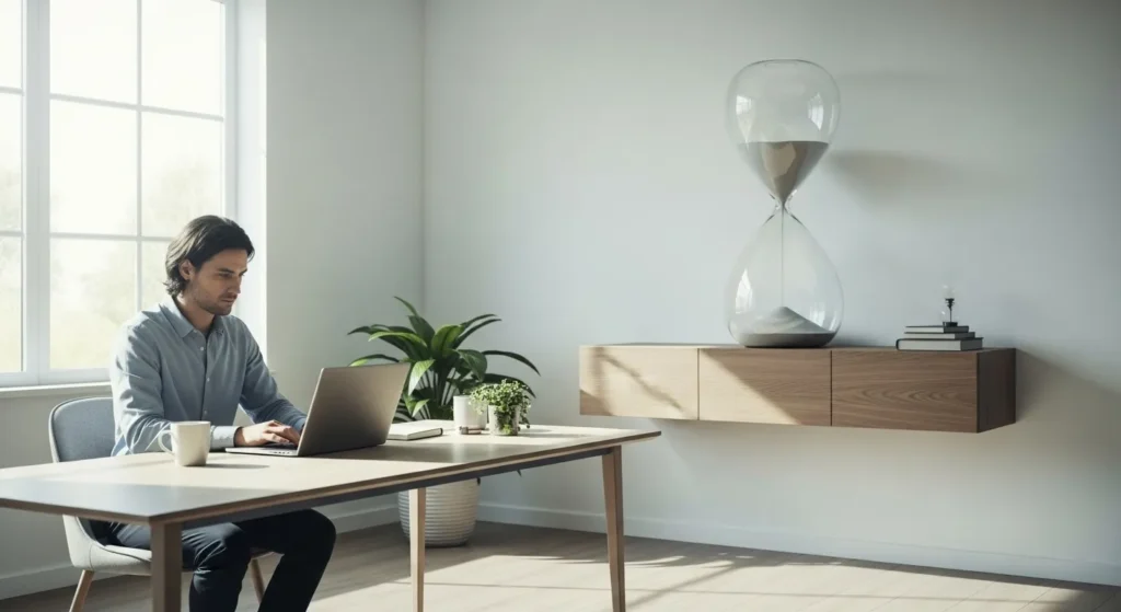 A person works at a clean desk in a sunlit room, while a large hourglass on a shelf behind them is almost out of sand.