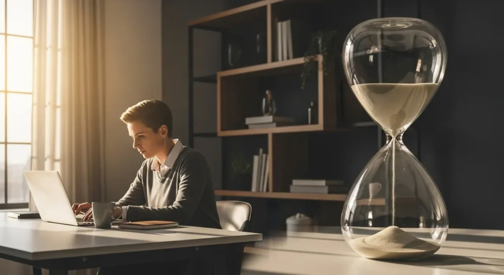 A person works at a clean desk in a sunlit room, with a nearly empty hourglass visible on a shelf in the background.