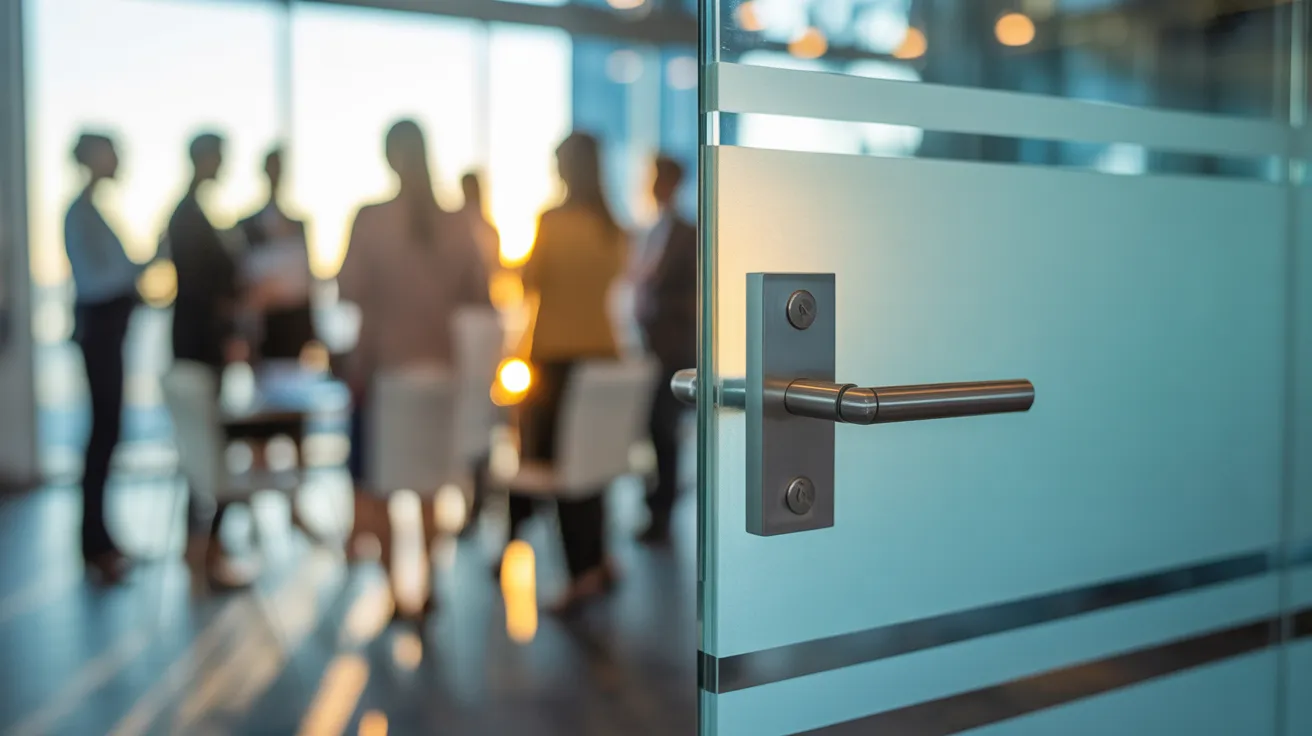 A focused shot on a meeting room door handle, with a blurry view of a team meeting inside during sunset.