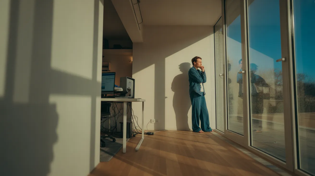 A person takes a mindful break, standing by a window in a sunlit home office. The room is spacious, with strong shadows cast by harsh light.