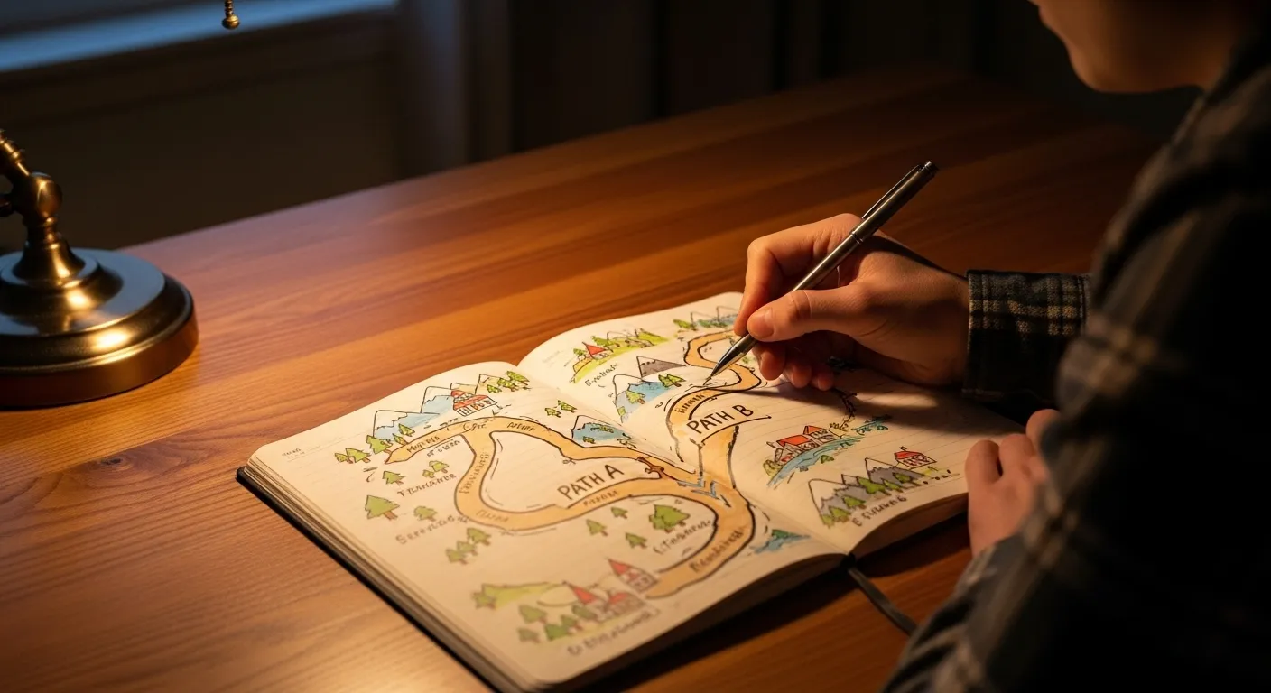A close-up of a person's hand tracing a forked path on a hand-drawn map in a notebook, lit by a warm desk lamp at night.