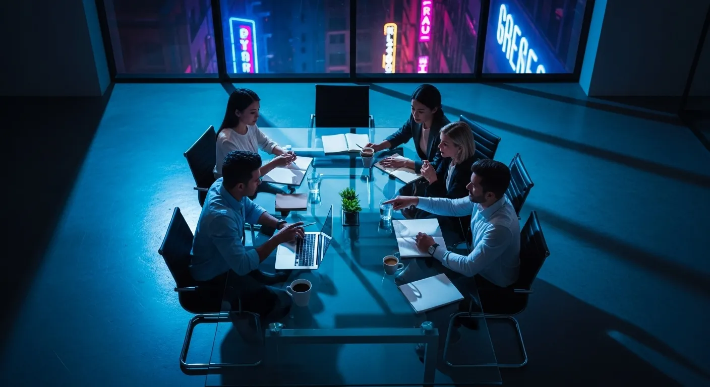 High-angle view of a team in a late-night brainstorming session, their faces lit by colorful exterior neon lights as they work at a table.