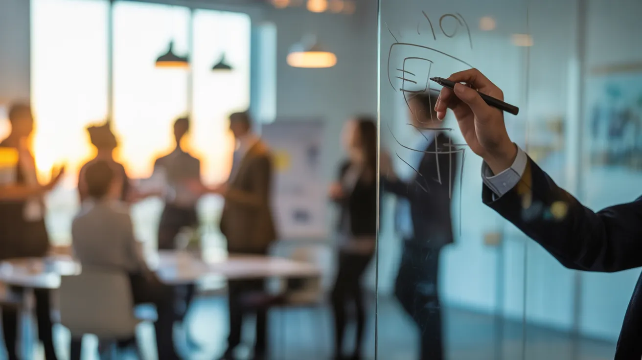 A close-up of a hand drawing abstract diagrams on a glass whiteboard during a team meeting at sunset.