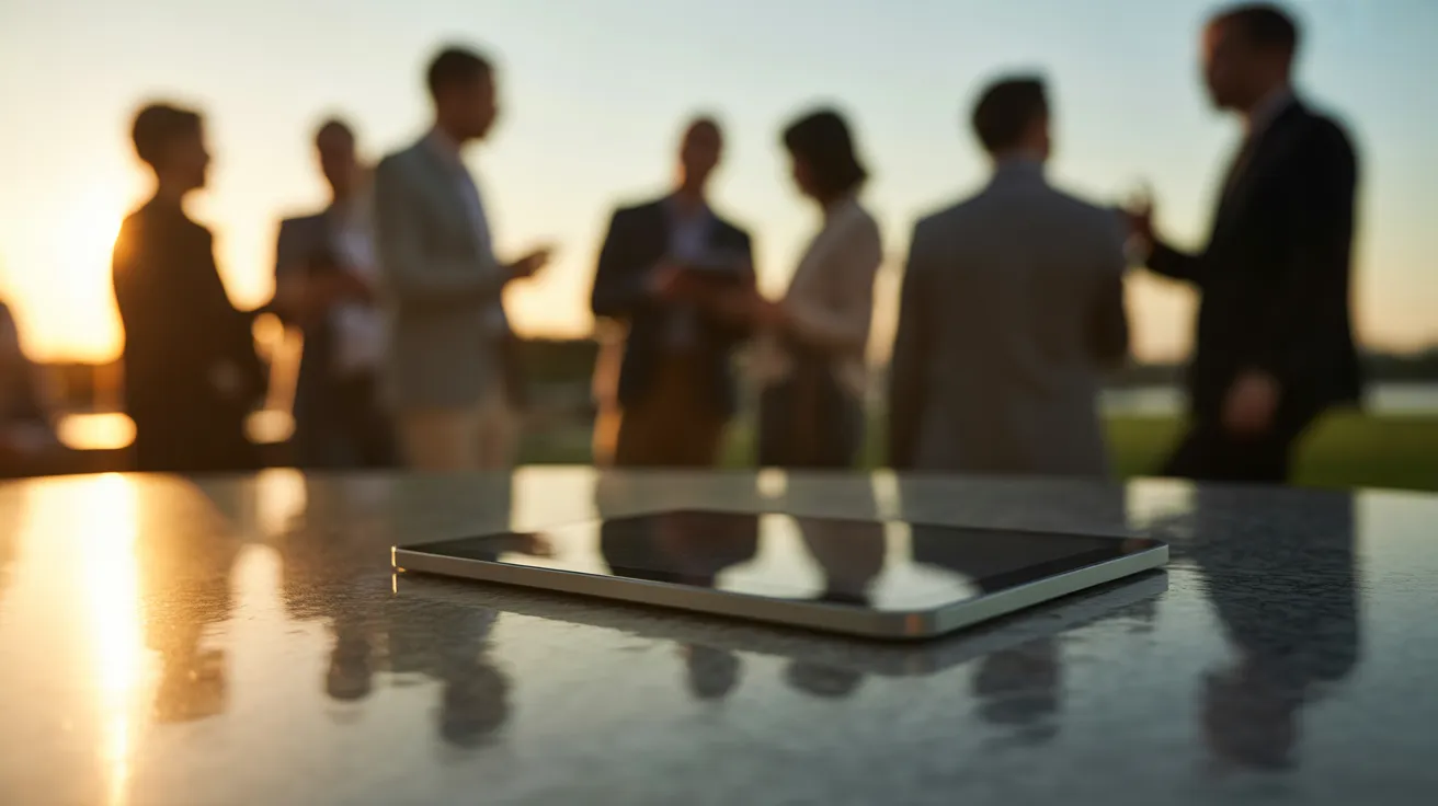 A close-up of a tablet on an outdoor meeting table at sunset, with a team of professionals collaborating in the background.