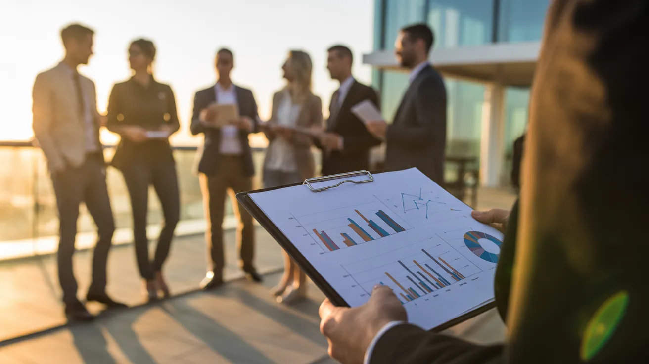 A close-up of a business document with charts, with a team of professionals discussing in the background on a sunlit terrace.