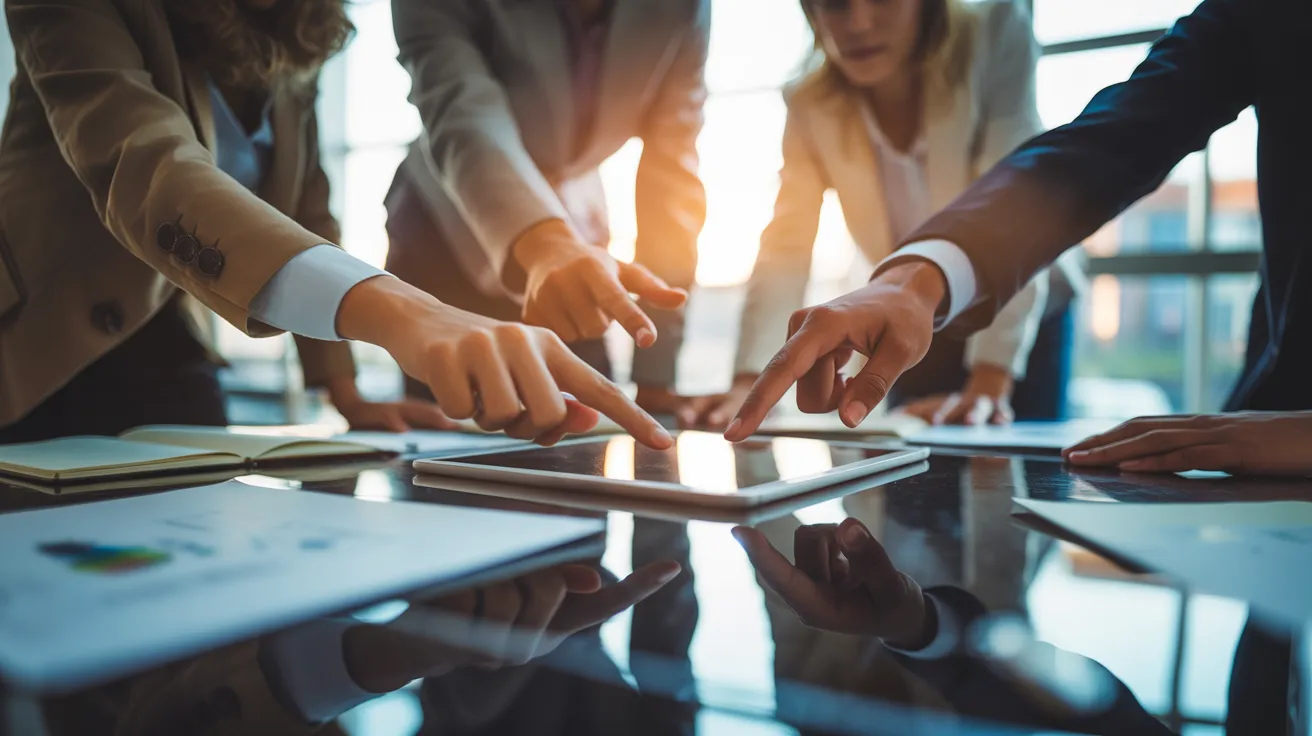 A close-up of diverse hands pointing at a tablet on a conference table, illuminated by the warm light of golden hour during a team meeting.
