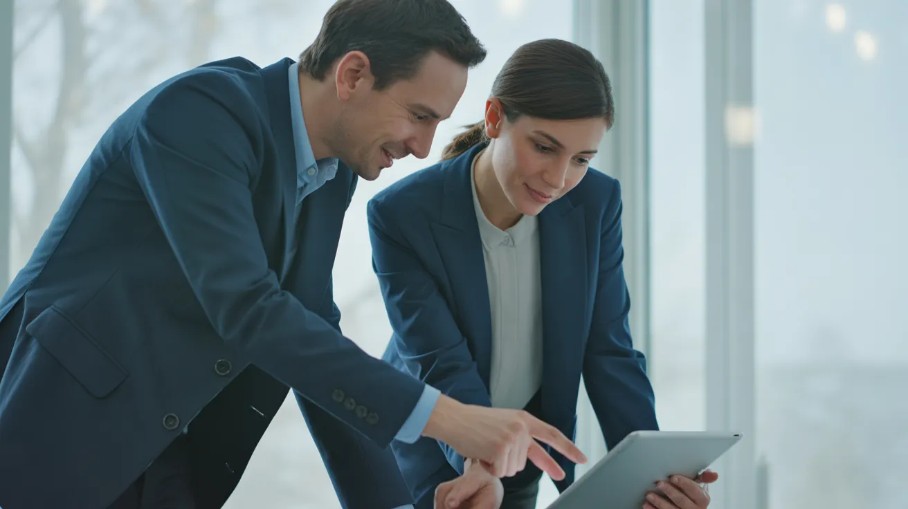 Two diverse colleagues in a modern office discuss work on a tablet screen, lit by soft window light.