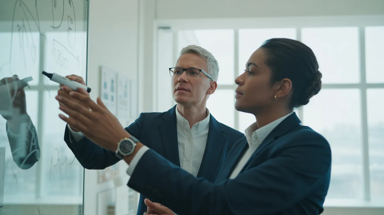 Two colleagues brainstorm ideas at a large glass whiteboard in a modern office space lit by soft, overcast daylight.