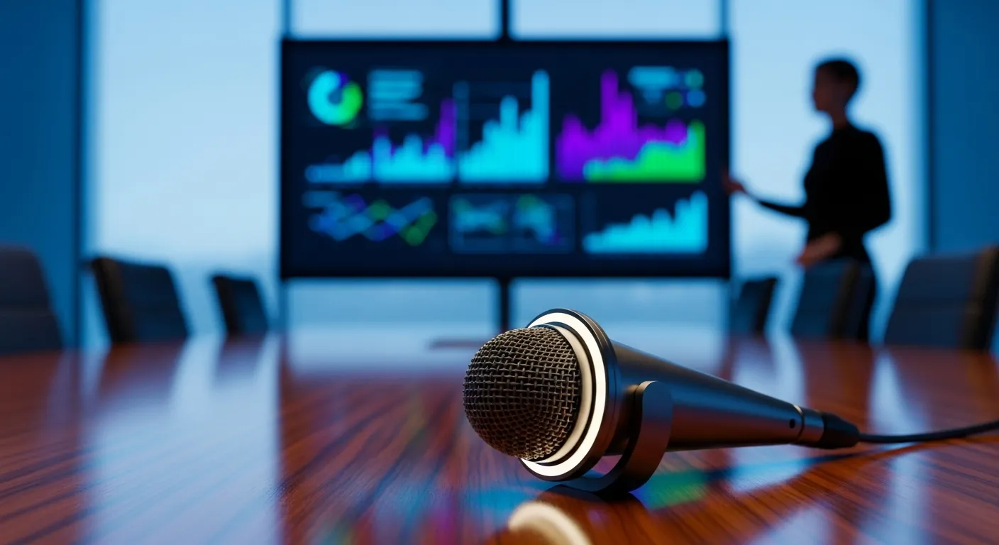 A modern conference room microphone in the foreground with a presenter's silhouette and a data screen in the background at twilight.
