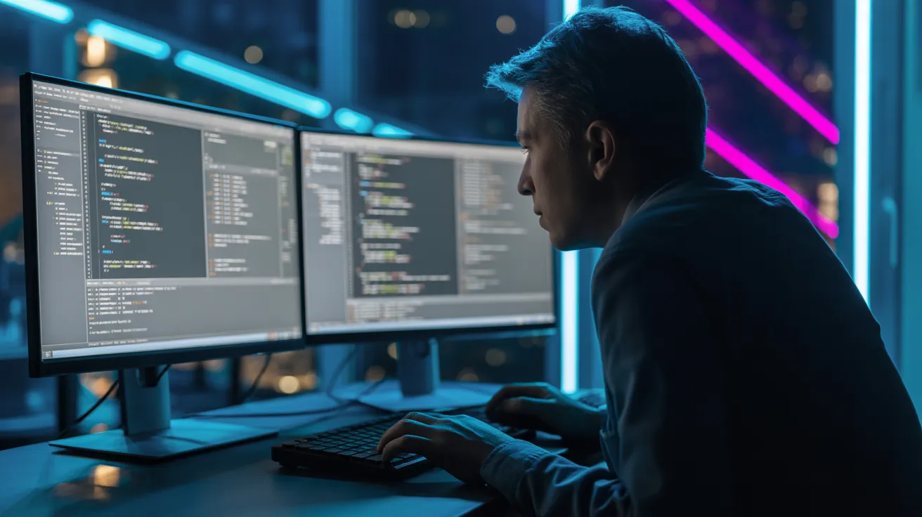 A person works at a dual-monitor setup in a dark office, with neon city lights from the window reflecting on their desk and equipment.