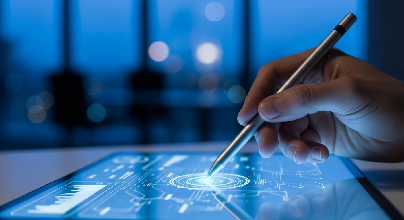 A close-up of a hand holding a stylus over a tablet screen in a dimly lit office at dusk.