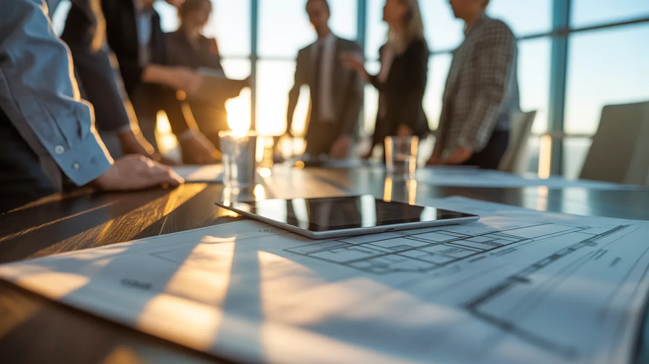 A close-up of a conference table with a tablet and plans, warmly lit by golden hour sun. A team is blurred in discussion in the background.