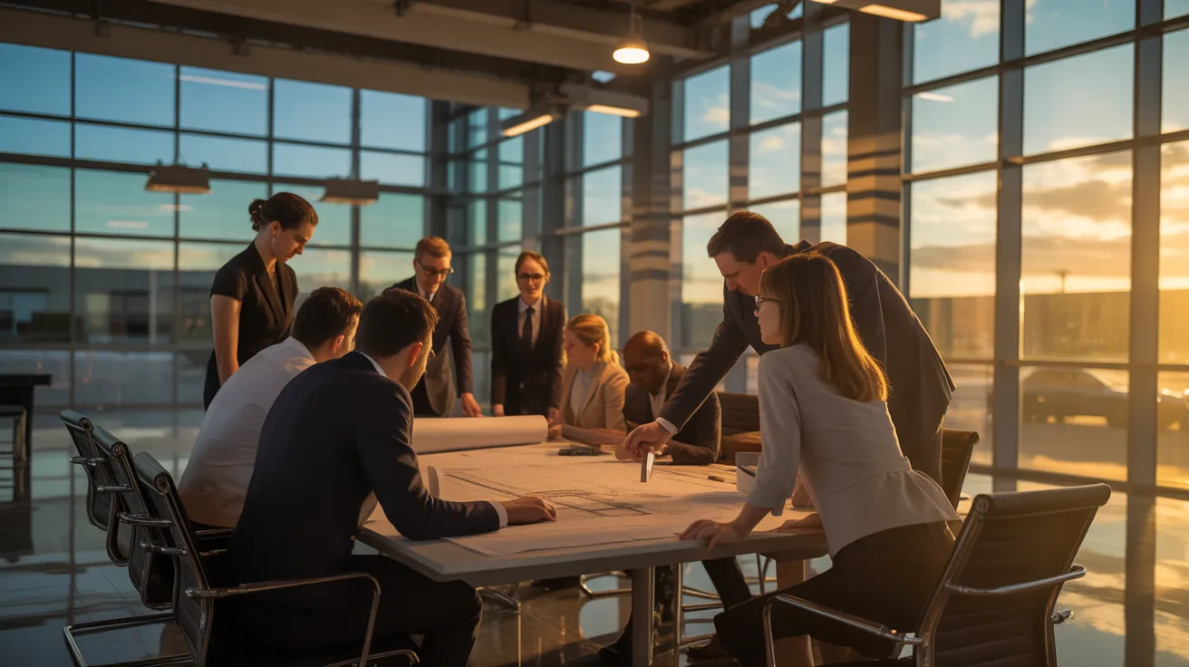 A diverse team of professionals collaborates around a table in a meeting room, illuminated by the warm light of a golden hour sunset.