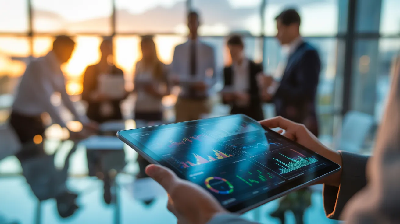A close-up of a tablet showing charts during a business meeting, with colleagues in the background illuminated by golden hour light.