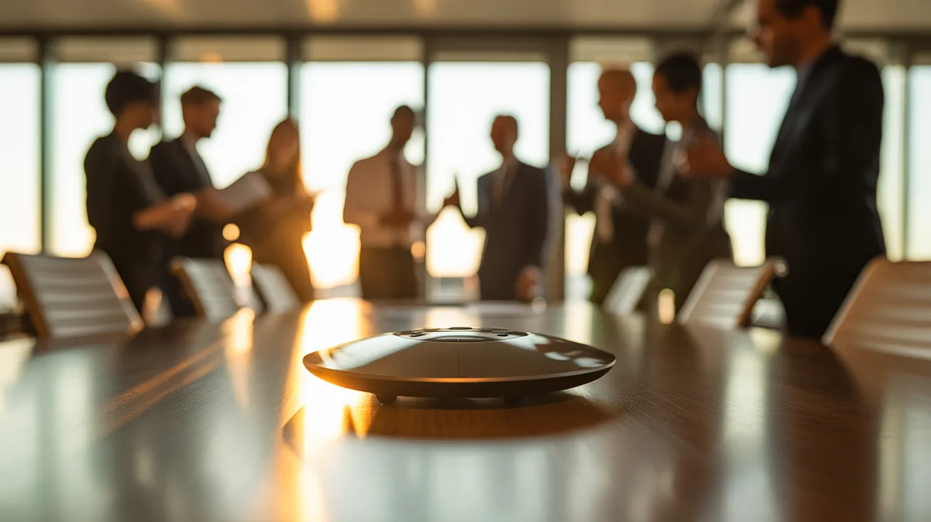 A close-up of a conference phone on a table, with a diverse group of professionals collaborating in a sunlit meeting room in the background.