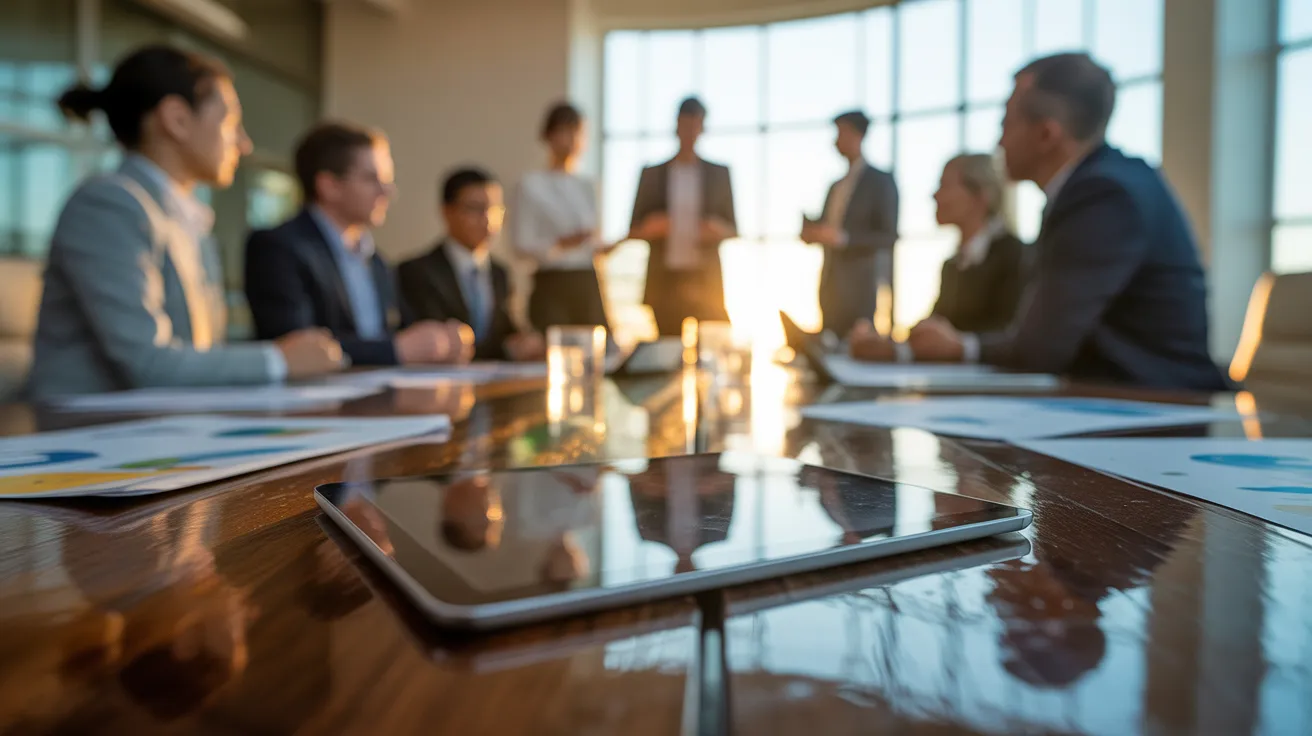 A tablet and papers on a meeting table in the foreground, with a team collaborating in the background during golden hour.
