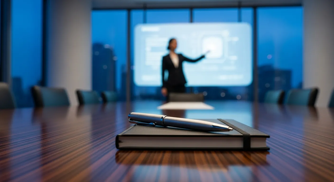 A close-up of a pen on a notebook on a conference table, with a person presenting in the blurred background of a modern office at dusk.