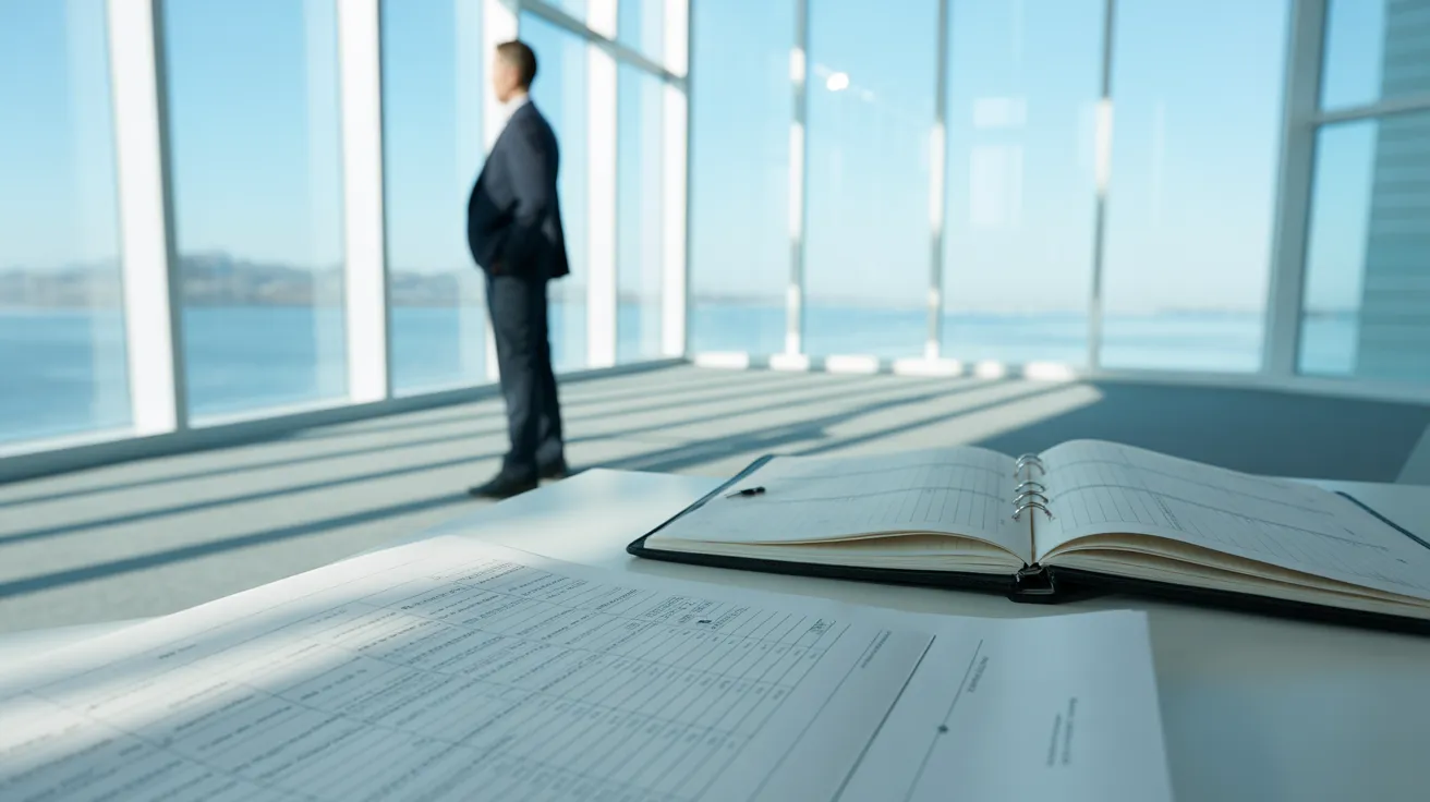 A wide view of a modern office with a desk in the foreground. A person stands by the window in the distance, taking a break from work.