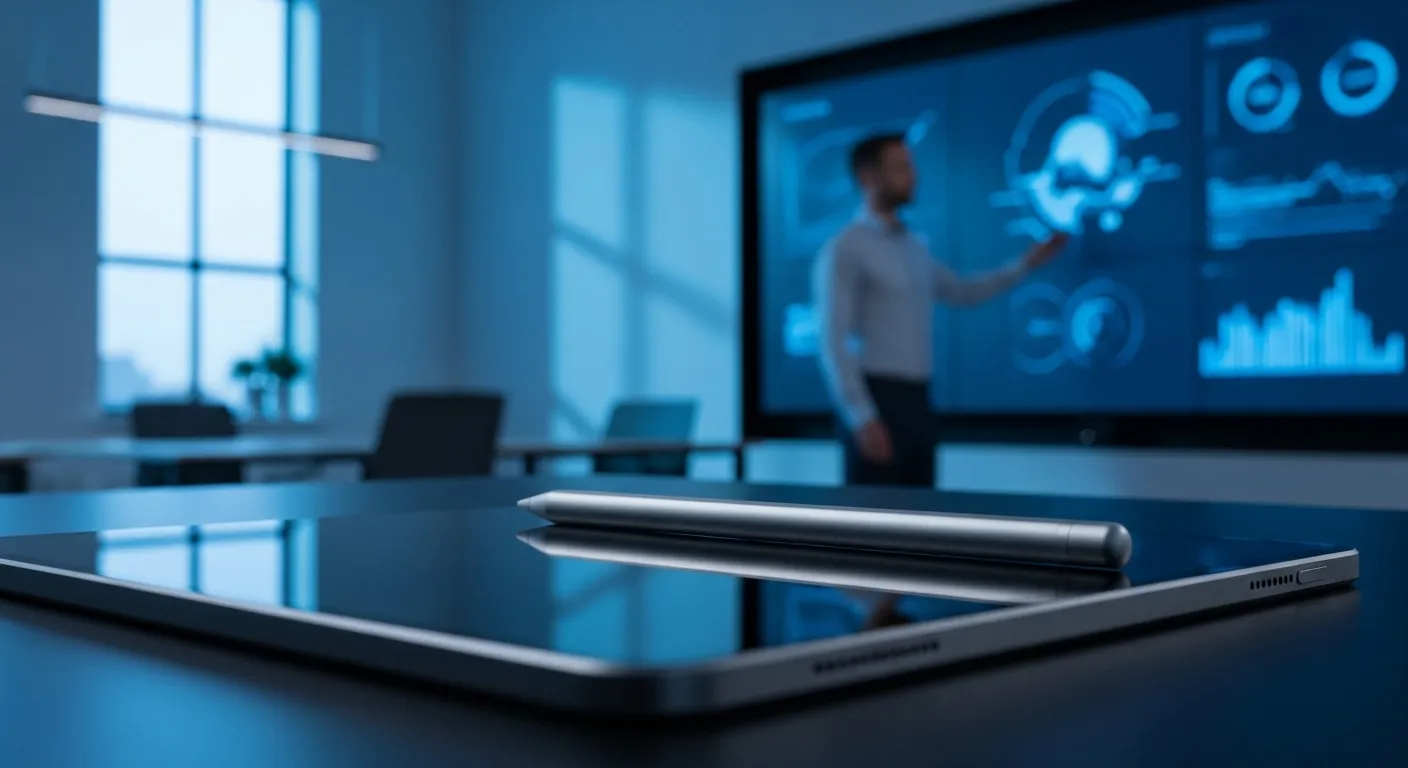 A close-up of a stylus on a tablet. In the blurred background, a person presents in a modern office during twilight.