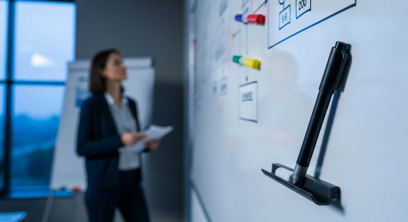 A close-up of a whiteboard marker in its tray. A person is out of focus in the background of a modern office at dusk.