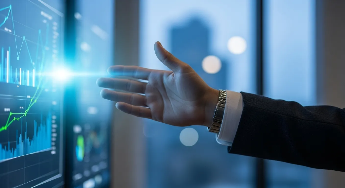 A close-up of a person's hand pointing at a data graph on a screen during a business presentation at dusk.