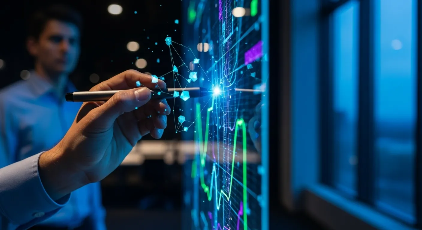 A close-up of a hand using a stylus on a large, illuminated data screen in an office during twilight.