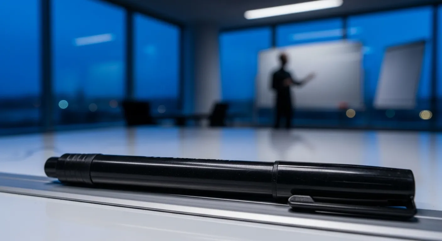 Macro shot of a whiteboard marker with a person presenting in a soft-focus office background during twilight.