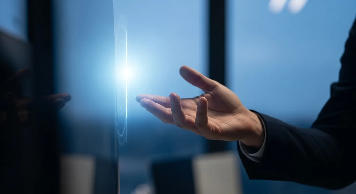 A close-up of a hand pointing towards a glowing screen during a presentation in an office at dusk.