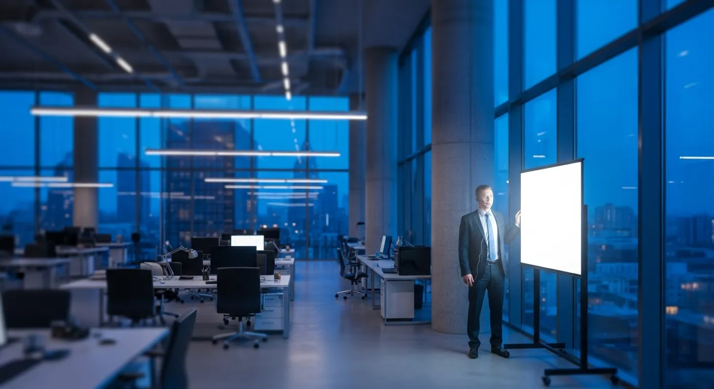 Wide view of a presenter in a modern office at dusk, photographed with a tilt-shift lens to create a miniature, macro-like effect.