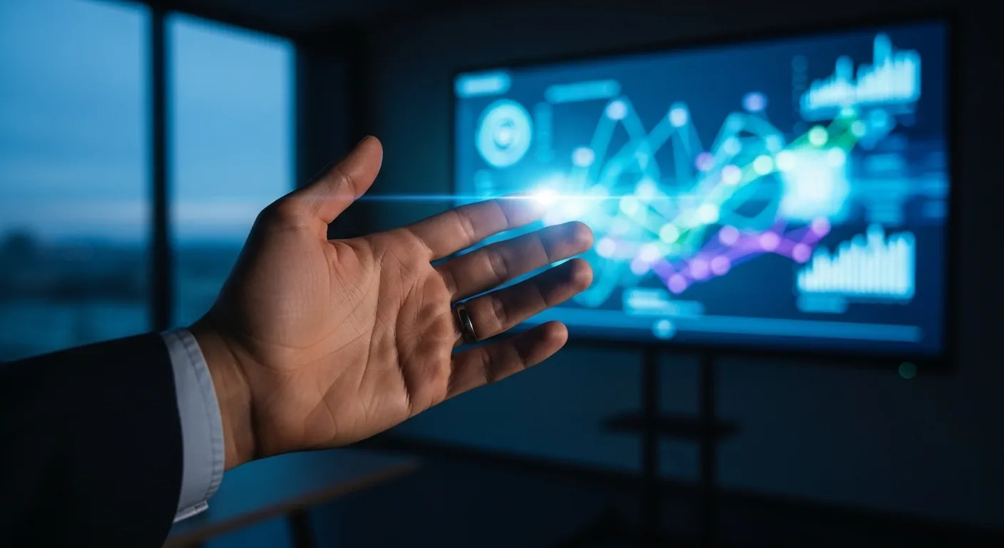 A close-up of a person's hand gesturing towards an illuminated screen in a dark office at twilight.
