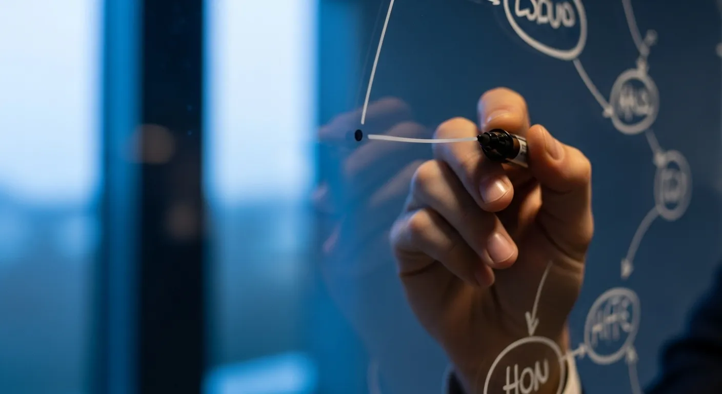 Extreme close-up of a hand holding a marker to a whiteboard in a modern office at twilight.
