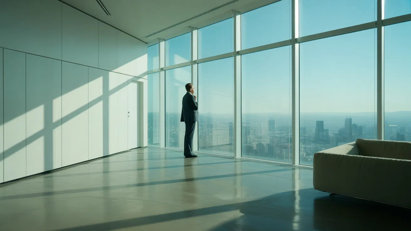 A person takes a break in a sunlit corner office, gazing out a large window at the city skyline below.